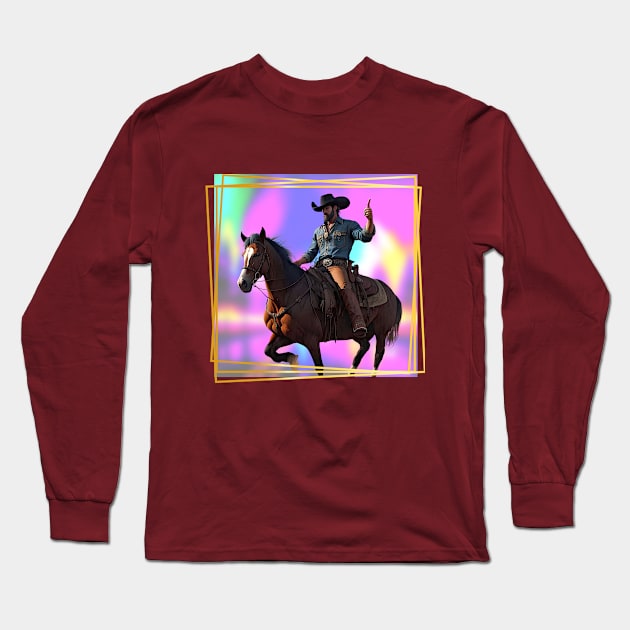 Mounted Cowboy holding his finger up Neon backgrd Long Sleeve T-Shirt by PersianFMts